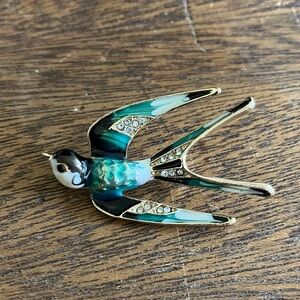 Colorful Green And White Enamel Swallow Bird Brooch with Rhinestones